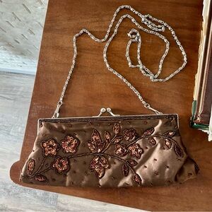 Vintage Bijoux Terner Brown Satin Evening Bag with Copper Floral Beading Detail